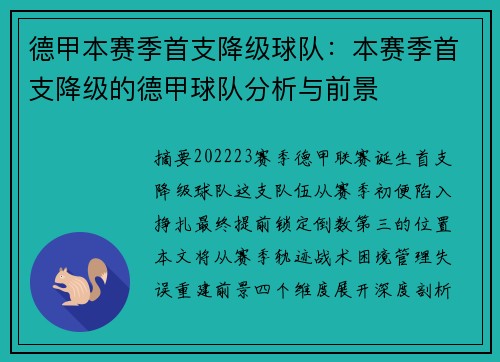 德甲本赛季首支降级球队：本赛季首支降级的德甲球队分析与前景