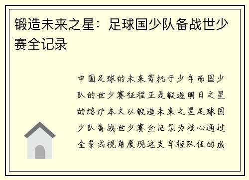 锻造未来之星：足球国少队备战世少赛全记录